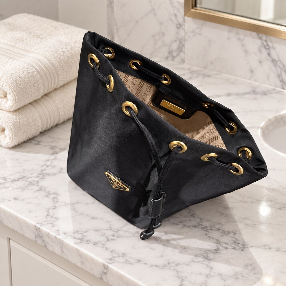 Prada Black Drawstring Makeup Bag | Gold-Tone Details - Picture 2 of 6